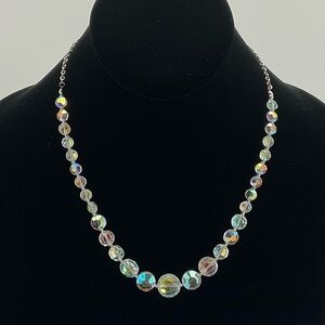 Aurora Borealis Crystal Coin Bead Necklace with Silver Chain; MCM
